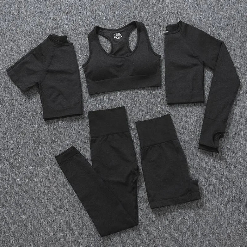 2/3/5PCS Seamless Women Sports Suits Yoga Set Workout Sportswear Gym Clothing Fitness Long Sleeve Crop Top High Waist Leggings Totally invincible