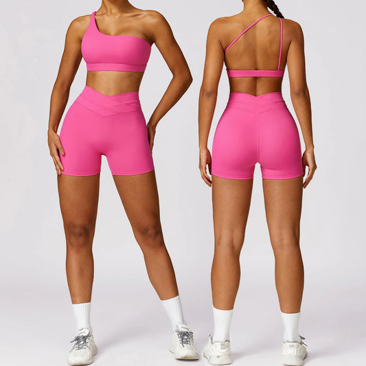 2 Piece Yoga Sets Quick Dry Woman Yoga Outfit Shorts One Shoulder Bras Sport Suit for Women Sportswear Fitness Gym Workout Sets Totally invincible