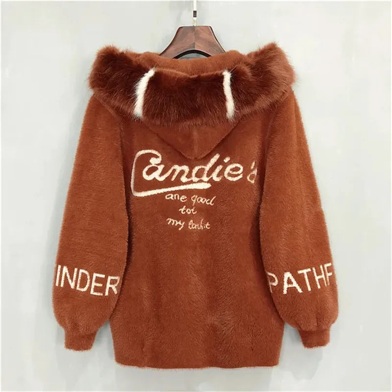 2022 Autumn New Imitation Mink Fleece Jacket Women's Short Hooded Jacquard Knitted Mink Plush Fleece Lantern Sleeve Cardigan Totally invincible