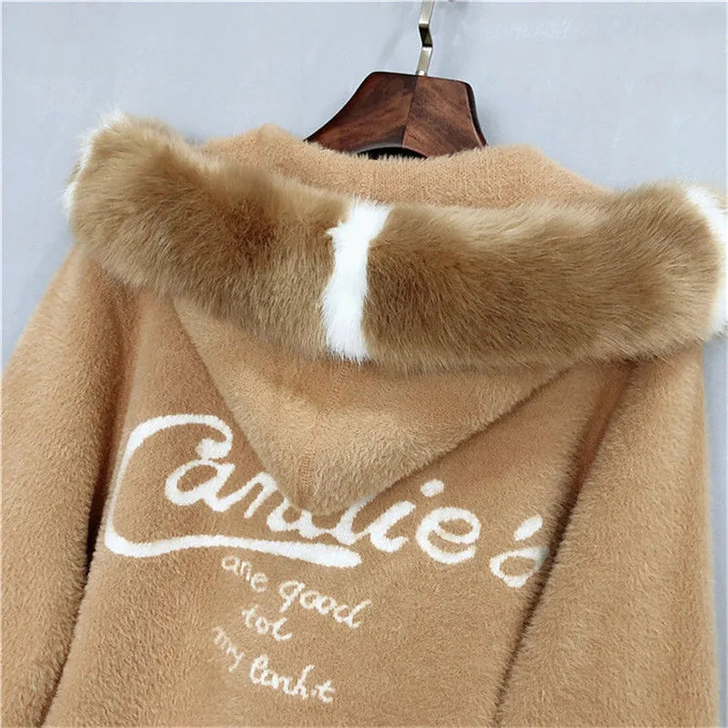 2022 Autumn New Imitation Mink Fleece Jacket Women's Short Hooded Jacquard Knitted Mink Plush Fleece Lantern Sleeve Cardigan Totally invincible