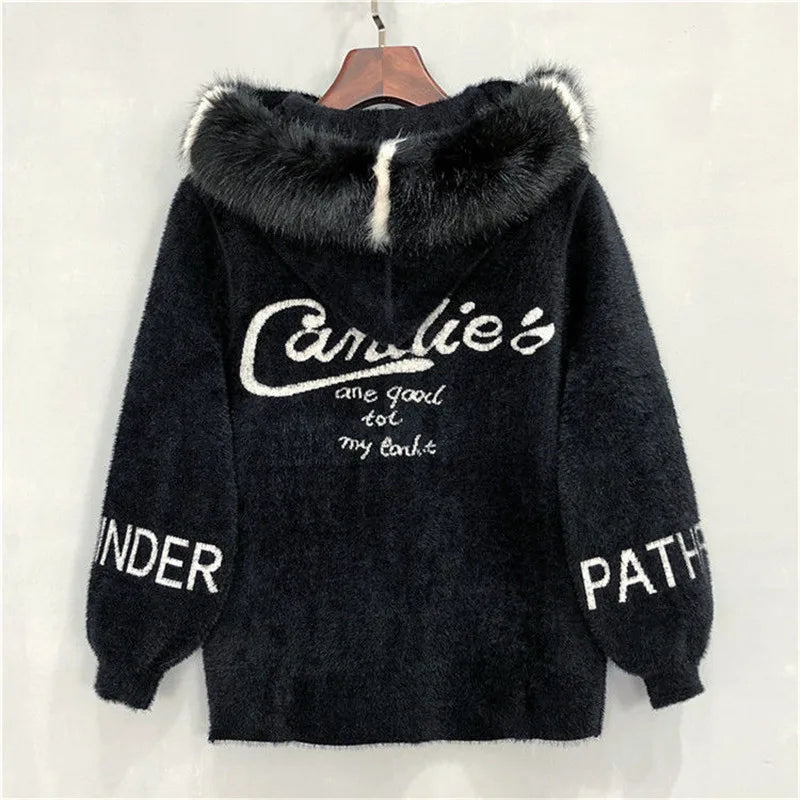 2022 Autumn New Imitation Mink Fleece Jacket Women's Short Hooded Jacquard Knitted Mink Plush Fleece Lantern Sleeve Cardigan Totally invincible