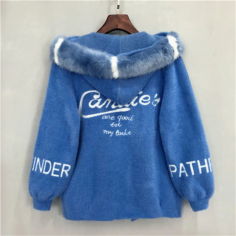 2022 Autumn New Imitation Mink Fleece Jacket Women's Short Hooded Jacquard Knitted Mink Plush Fleece Lantern Sleeve Cardigan Totally invincible