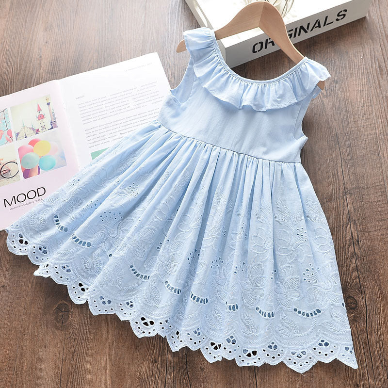 Girls' Simple Embroidered Lace Mesh Dress