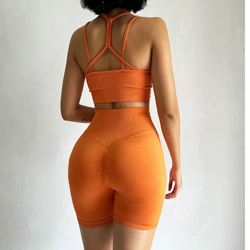 2PCS Seamless Women Yoga Set Gym Sportswear Sport Bra and Hight Waist Shorts Suit Fitness Workout Butt Lifting Short Tight Suit Totally invincible