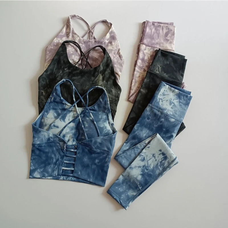 2PCS Seamless Women Yoga Set Workout Sportswear Fitness Crop Top Tie Dye High Waist Leggings Gym Clothing Two Piece Sports Suits Totally invincible