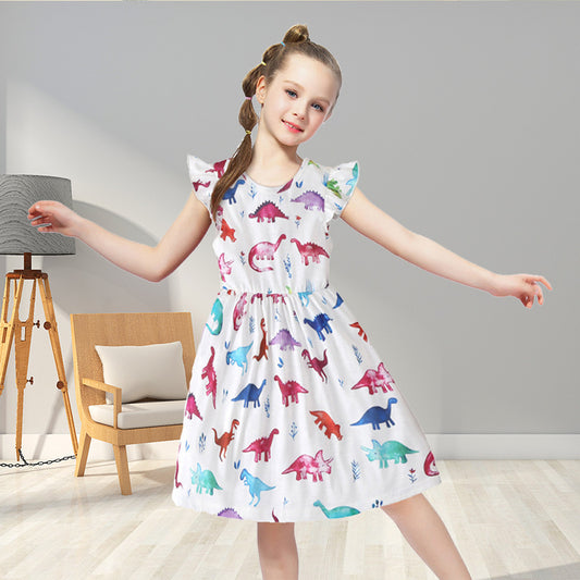 Girls' Cotton Flounced Sleeve Colorful Dinosaur Dress