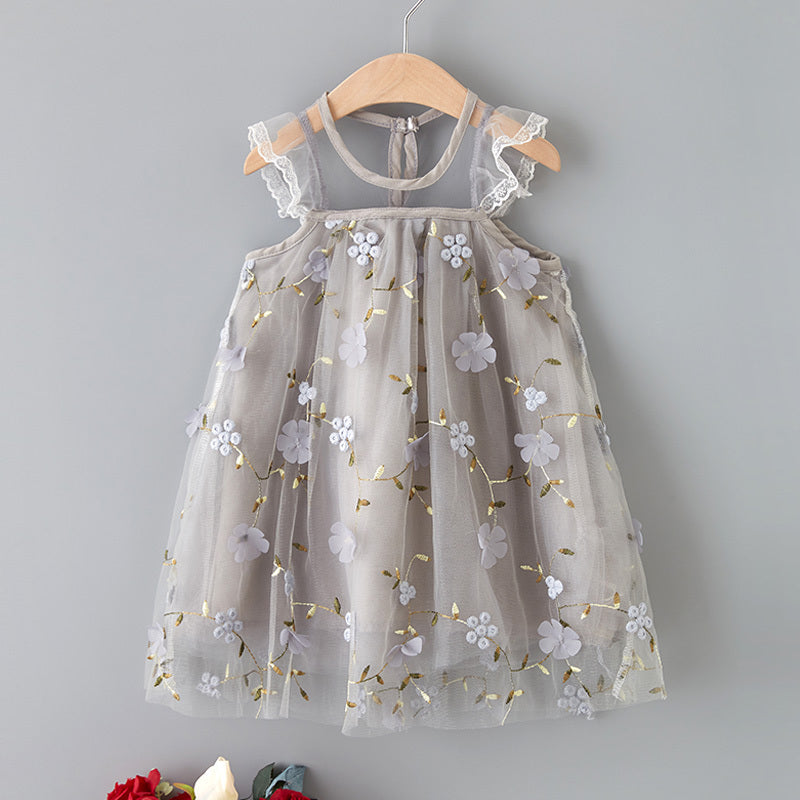 Girls' Simple Embroidered Lace Mesh Dress