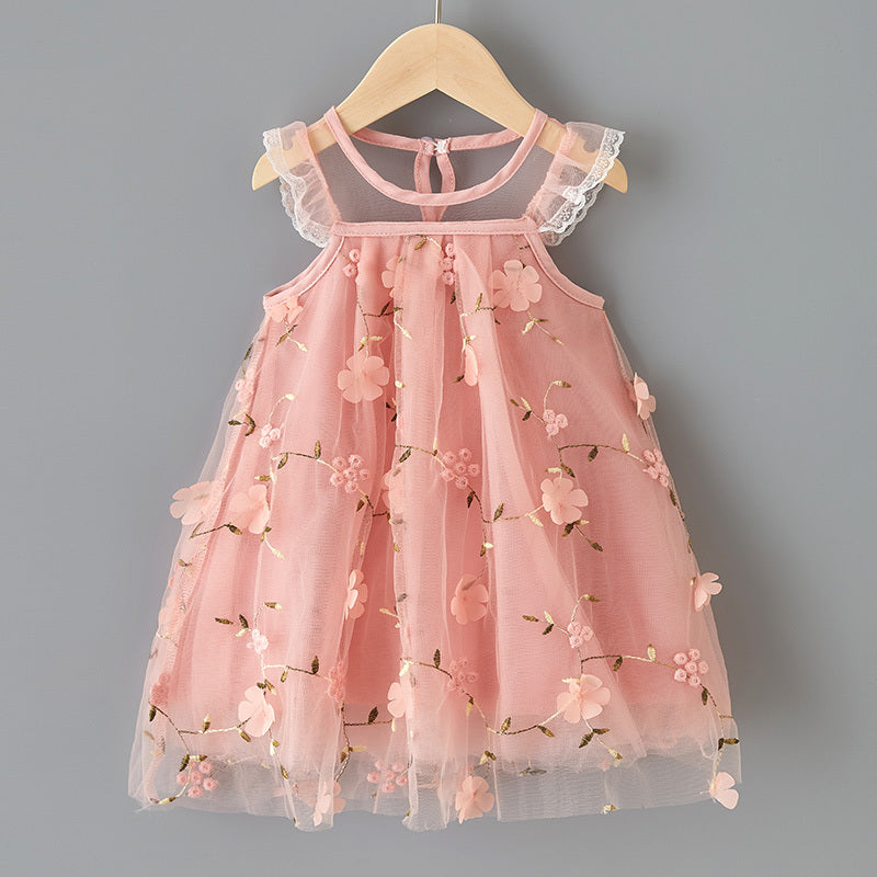 Girls' Simple Embroidered Lace Mesh Dress