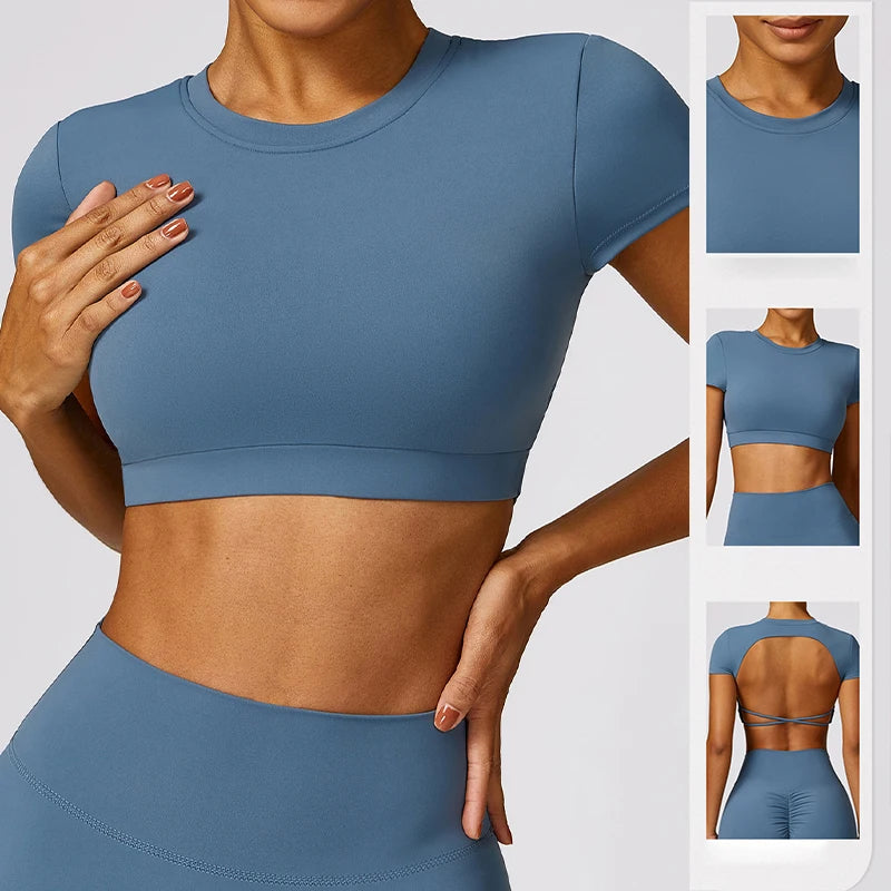 Backless Sports Short Shirts Women Gym Women Fitness Sexy Crop Top Quick-Drying Yoga Clothing Breather Workout Sportswear Women Totally invincible