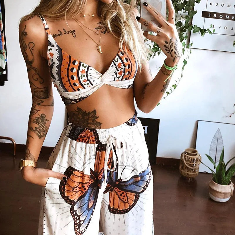 2 Pecs Suit Summer Tracksuit Sets Womens Outfits Boho Beach Style Print Underwear Loose Wide Leg Pants Ropa Mujer Подходить New