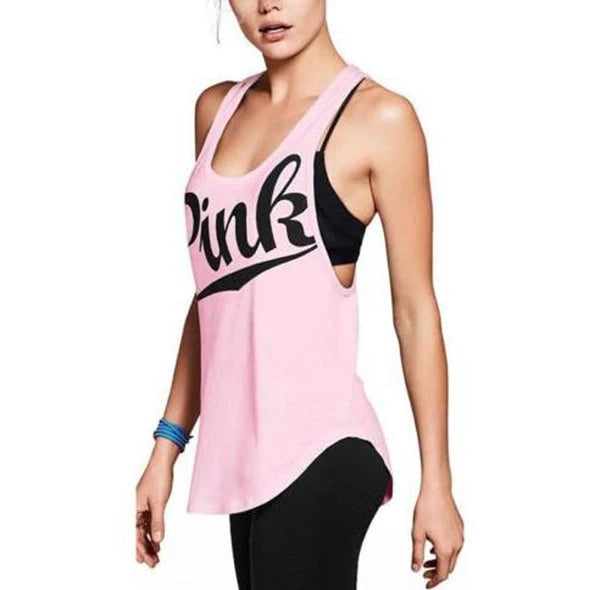 Hirigin New Women Yoga Vest Fitness Stretch Workout Sleeveless Tank Tops Summer Casual Loose Pink Love Letter Sportswear