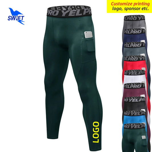 Quick Dry Elastic Compression Running Tights Men with Pocket Gym Fitness Trousers Workout Leggings Sportswear Pants Customized