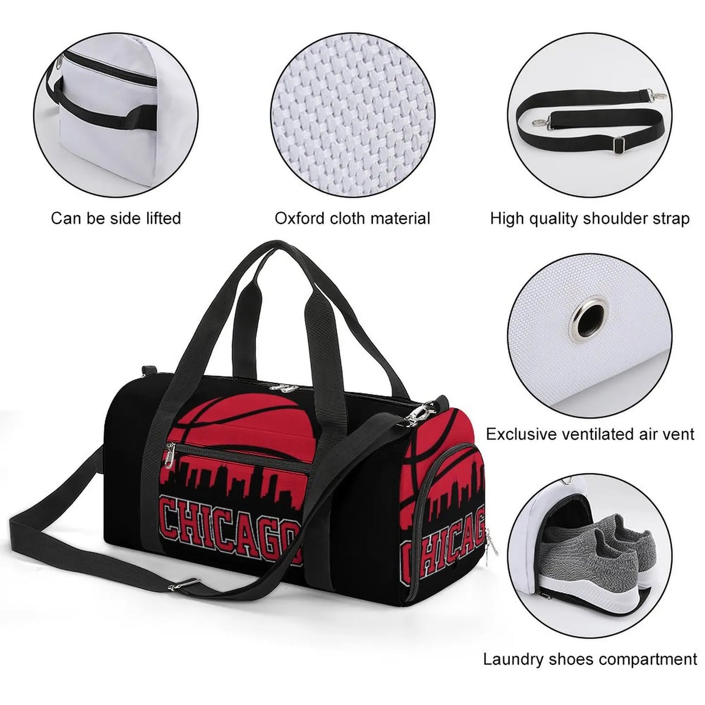 Retro Bulls Basketball Gym Bag Chicago City Skyline Outdoor Sports Bags Large Travel Training Handbag Fitness Bag For Couple Totally invincible