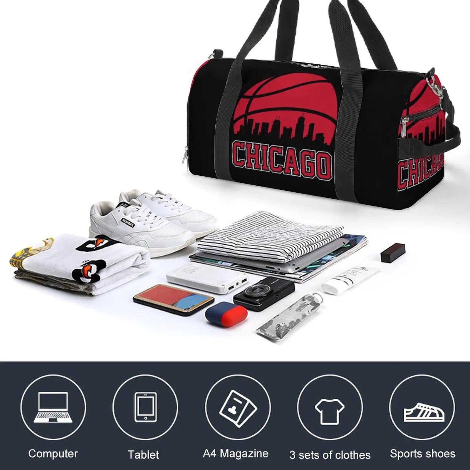 Retro Bulls Basketball Gym Bag Chicago City Skyline Outdoor Sports Bags Large Travel Training Handbag Fitness Bag For Couple Totally invincible