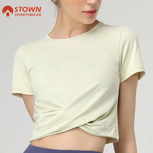 Running T-Shirt Hem Cross Stacking Yoga Shirt for Women Gym Crop Top Sports Tee Short Sleeved High Elastic Yoga Women Activewear Totally invincible