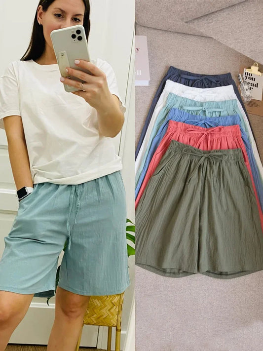 2024 New Summer Cotton Linen Beach Shorts Women Basic Short Pants Mini Wide Leg Trousers Ladies Fashion Casual Home Streetwear