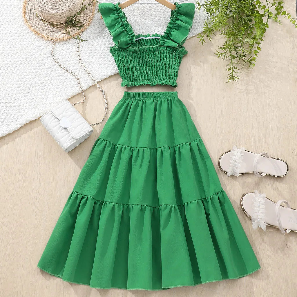 Teens Girls 2 Pcs Set Dress For Kids Girl Clothes Sleeveless 8 9 10 11 12 Y Summer Cute Casual Green Suit Birthday Gift For Kids