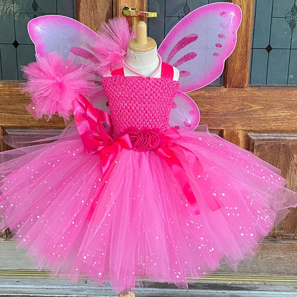 Girls Pink Glitter Tulle Dress Kids Butterfly Fairy Tutu Dresses with Wing and Stick Hairbow Children Halloween Cosplay Costume