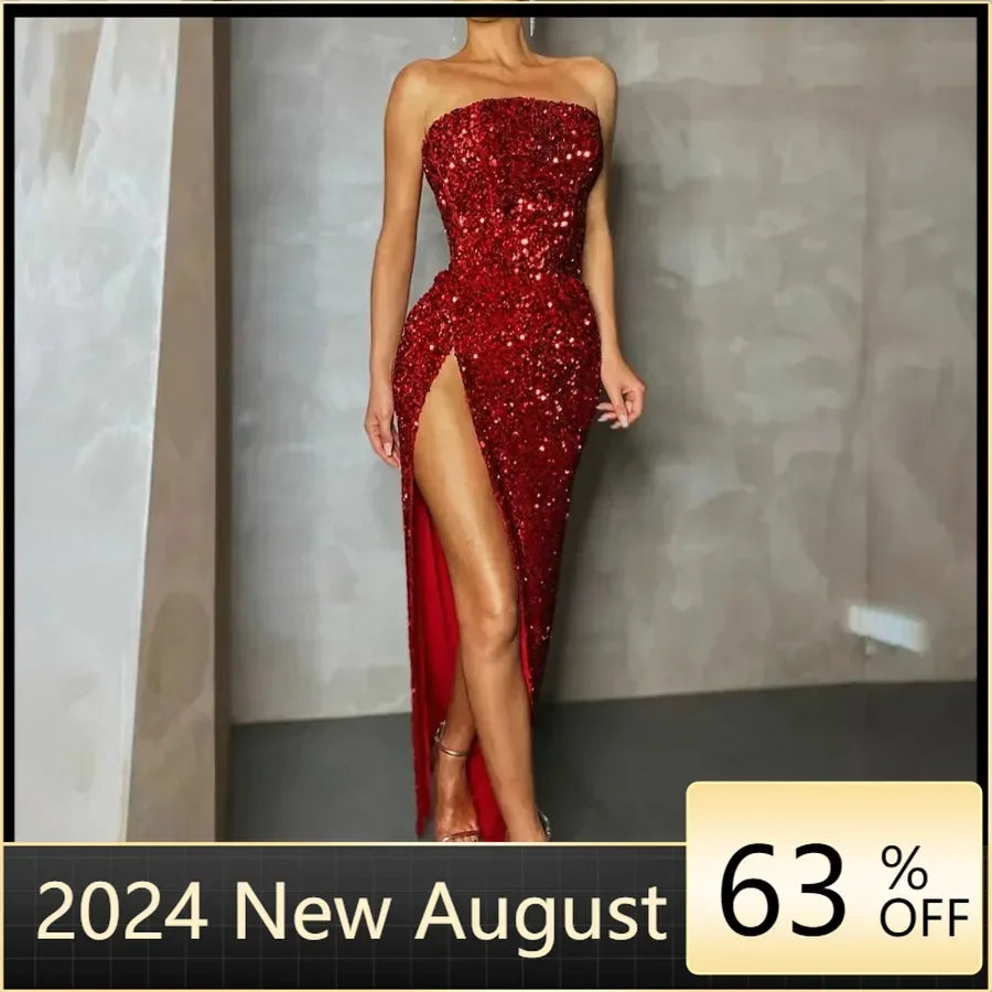 Summer Sequin Strapless Evening Dress Women 2024 Spring Sexy Red High Slit Dresses Elegant Dress Women Party Club Dress Women