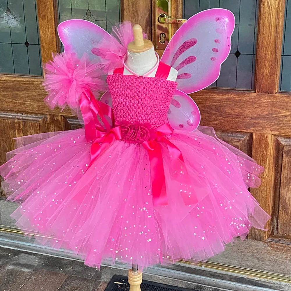 Girls Pink Glitter Tulle Dress Kids Butterfly Fairy Tutu Dresses with Wing and Stick Hairbow Children Halloween Cosplay Costume