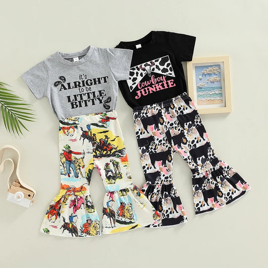 Kids Infant Baby Girls Casual Suit, Letter Printed Short Sleeve Tops+Cartoon Printed Flared Long Pants 2Pcs Set 1-6T