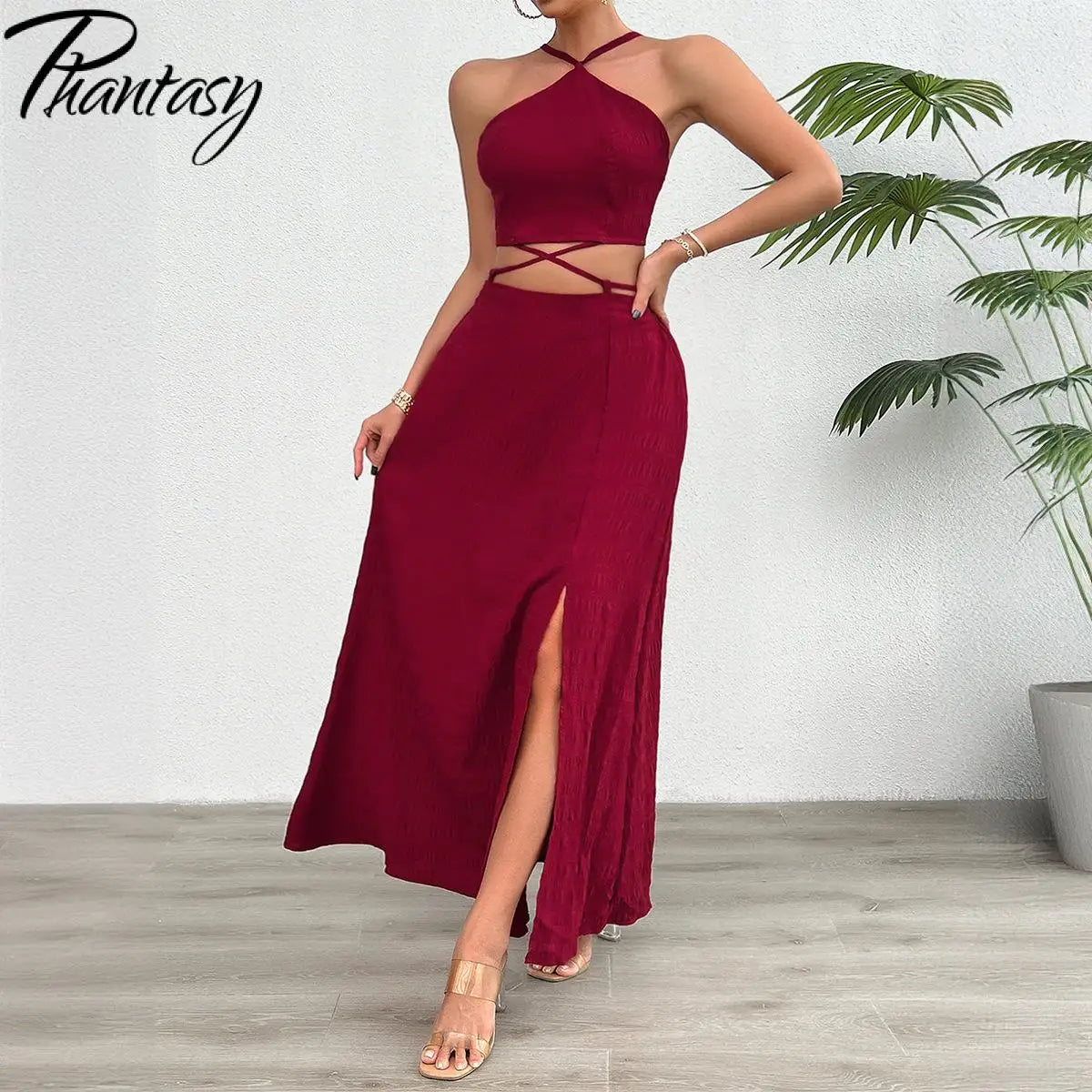 Phantasy Y2K Women Skirt Suit Red Sleeveless Tops Set Lace Up Tees Slit Skirt Casual Streetwear Summer Dress 2024 New Outfit