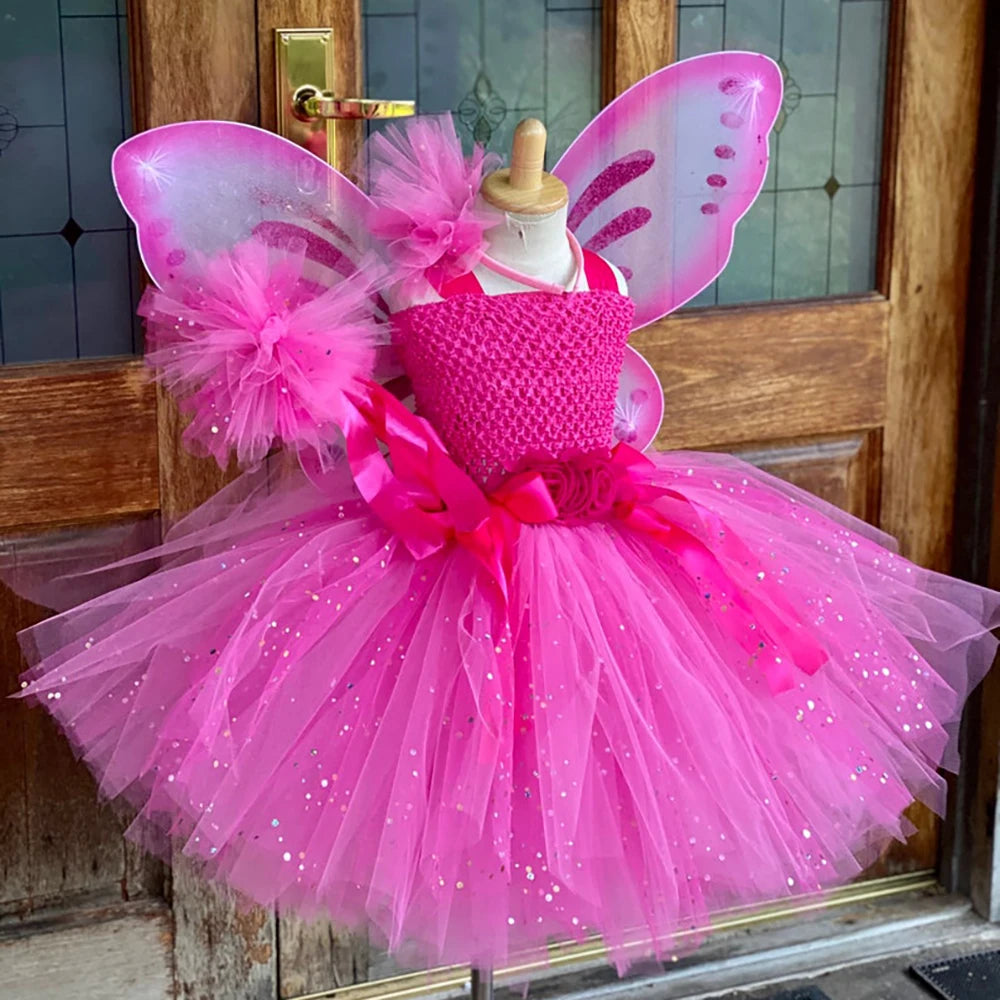 Girls Pink Glitter Tulle Dress Kids Butterfly Fairy Tutu Dresses with Wing and Stick Hairbow Children Halloween Cosplay Costume