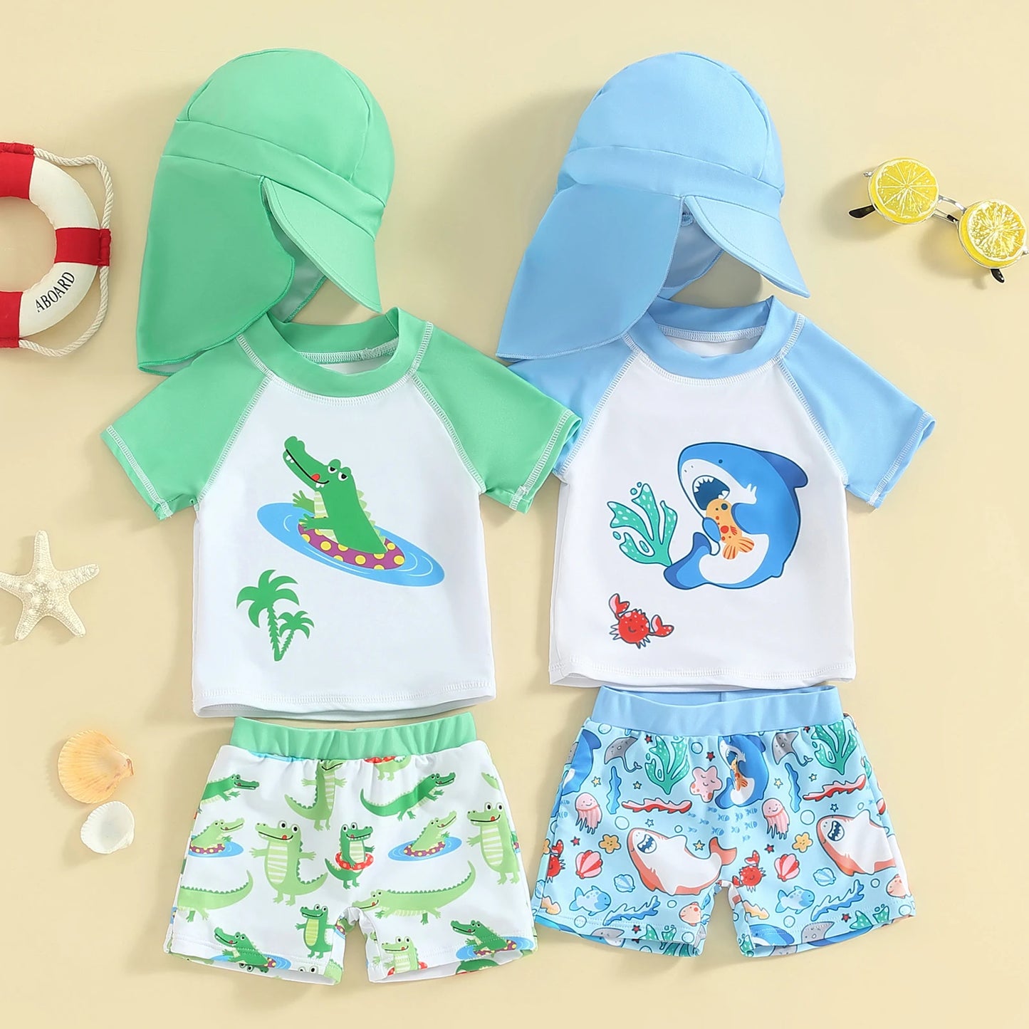 2024Toddler Baby Boys Rash Guard Set, Shark Crocodile Print Short Sleeve Top with Shorts Hat Swimsuit Summer Sportswear Swimwear