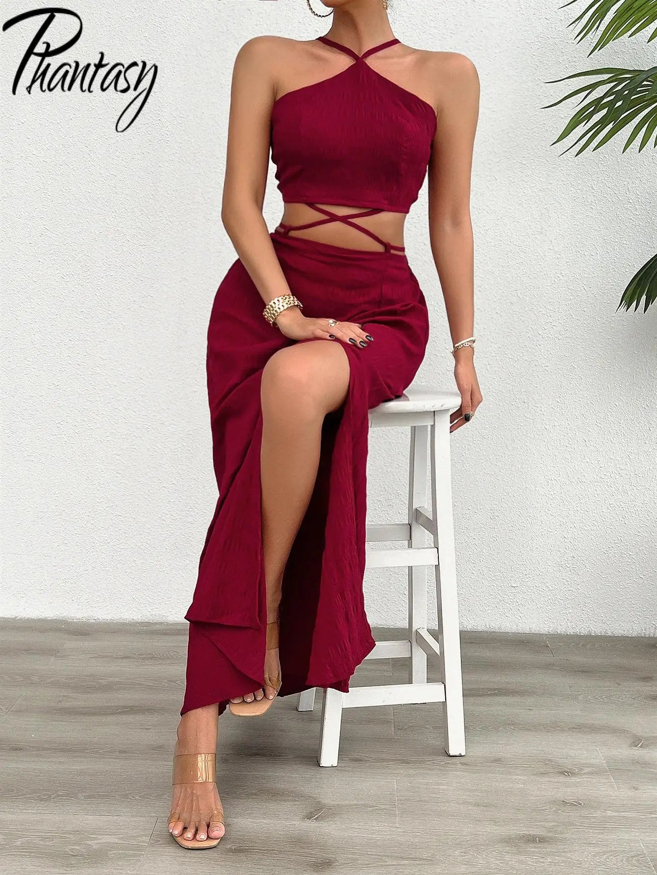 Phantasy Y2K Women Skirt Suit Red Sleeveless Tops Set Lace Up Tees Slit Skirt Casual Streetwear Summer Dress 2024 New Outfit