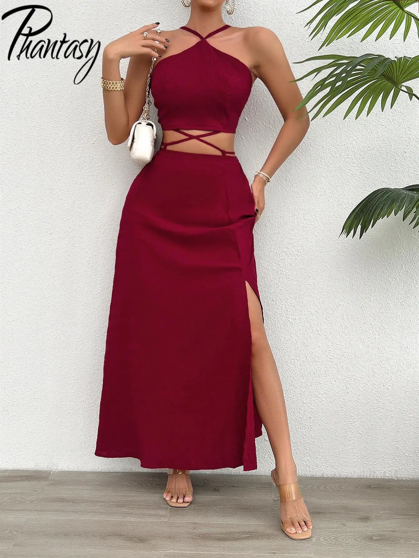 Phantasy Y2K Women Skirt Suit Red Sleeveless Tops Set Lace Up Tees Slit Skirt Casual Streetwear Summer Dress 2024 New Outfit