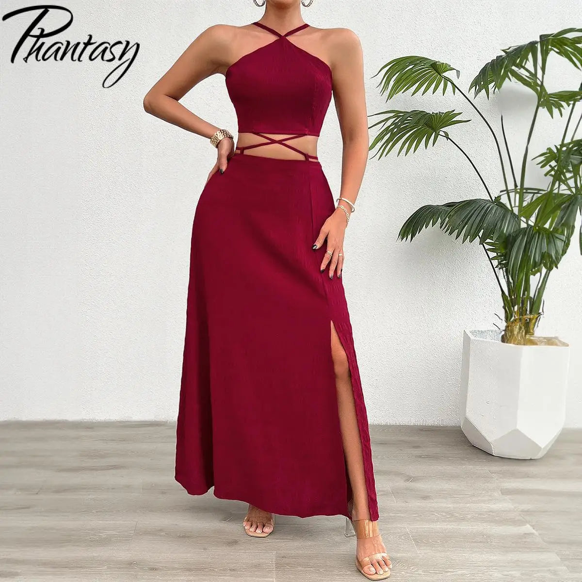 Phantasy Y2K Women Skirt Suit Red Sleeveless Tops Set Lace Up Tees Slit Skirt Casual Streetwear Summer Dress 2024 New Outfit