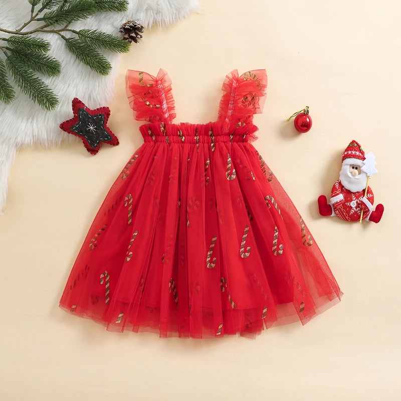 Pudcoco Infant Kids Baby Girl Tulle Dress Sleeveless Square Neck Candy Cane/Plaid Print Tutu Dress Toddler Princess Dress 6M-4T