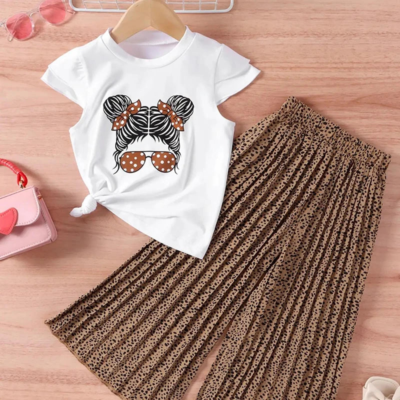 Summer Girls Clothing Sets New Cotton Fashion Short Sleeved+Wide Leg Pants Casual Two Piece Set Kids Clothes 2 3 4 5 6 7 Years