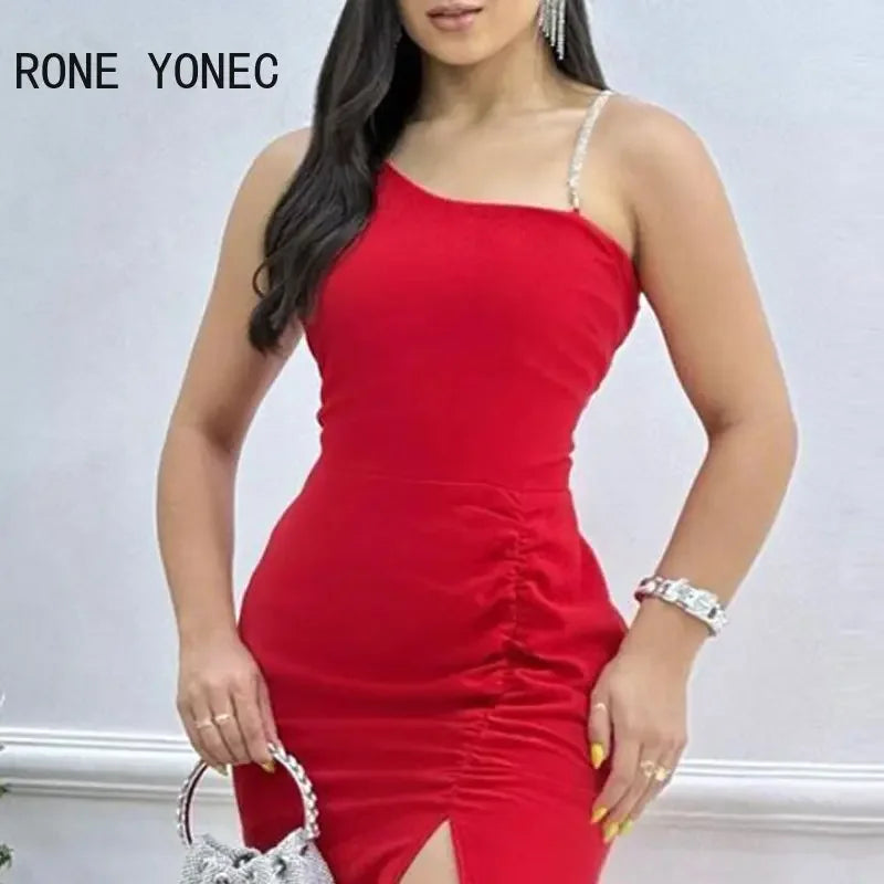 Women Solid Chain Decoration Straps Diagonal Collar Shirring Midi Silt Bodycon Formal Party Red Dresses