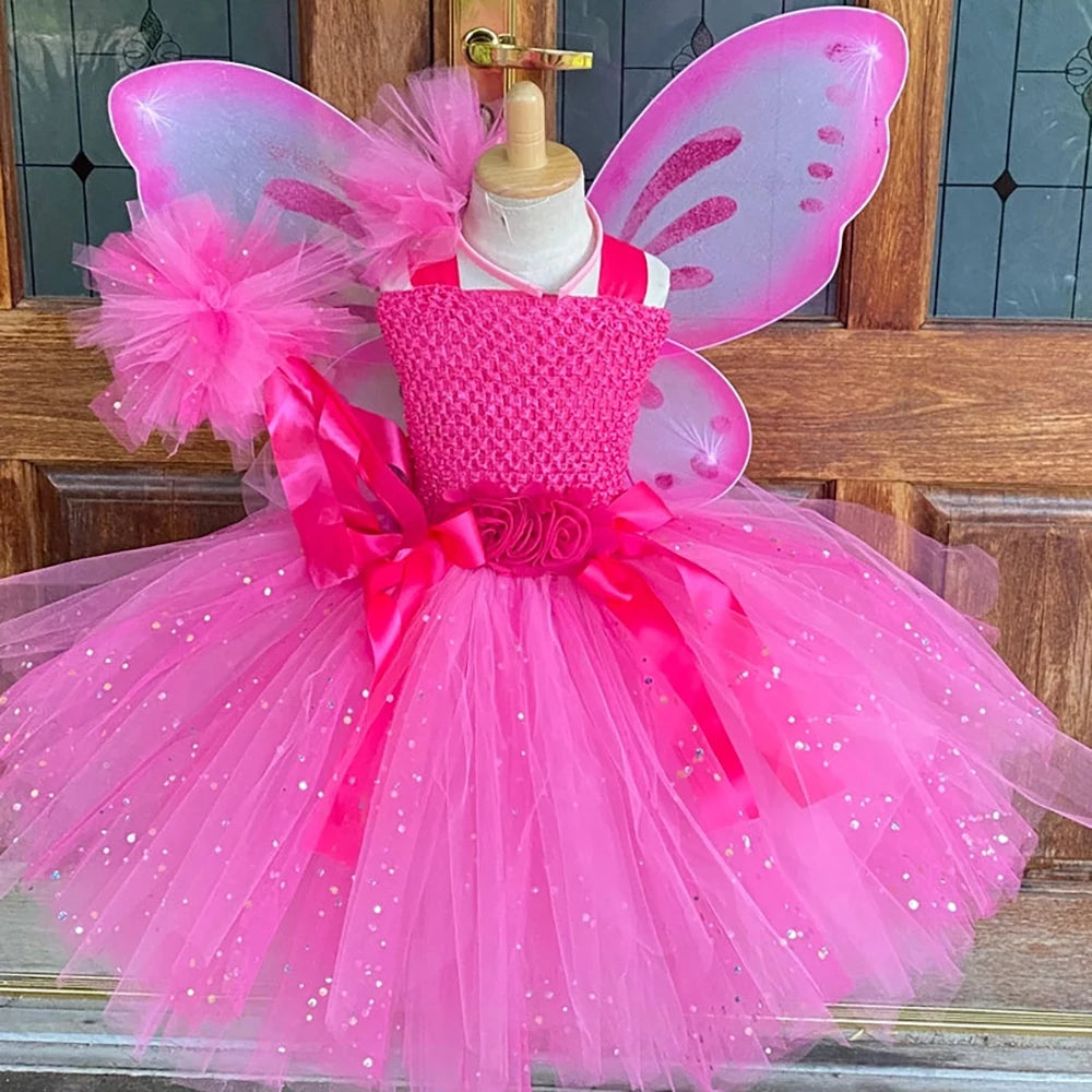 Girls Pink Glitter Tulle Dress Kids Butterfly Fairy Tutu Dresses with Wing and Stick Hairbow Children Halloween Cosplay Costume