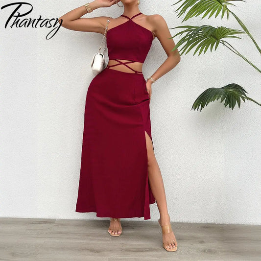 Phantasy Y2K Women Skirt Suit Red Sleeveless Tops Set Lace Up Tees Slit Skirt Casual Streetwear Summer Dress 2024 New Outfit