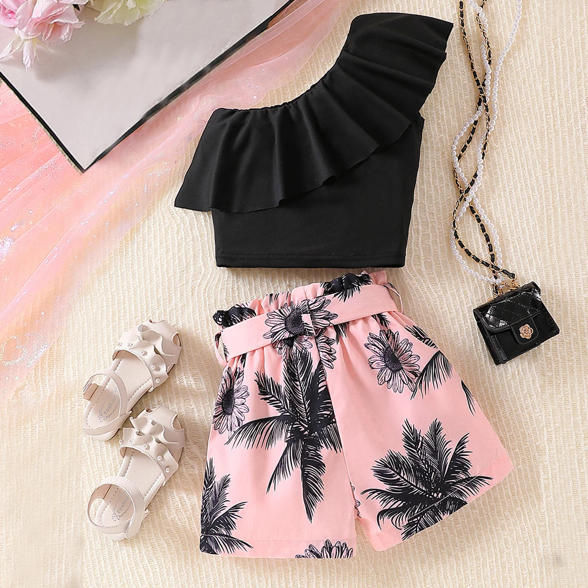 2PCS Kid Girl Clothing Set Off-Shoulder Top+Flower Shorts With Bow Summer Sense Of Design Siut For Child Girl 3-10 Years