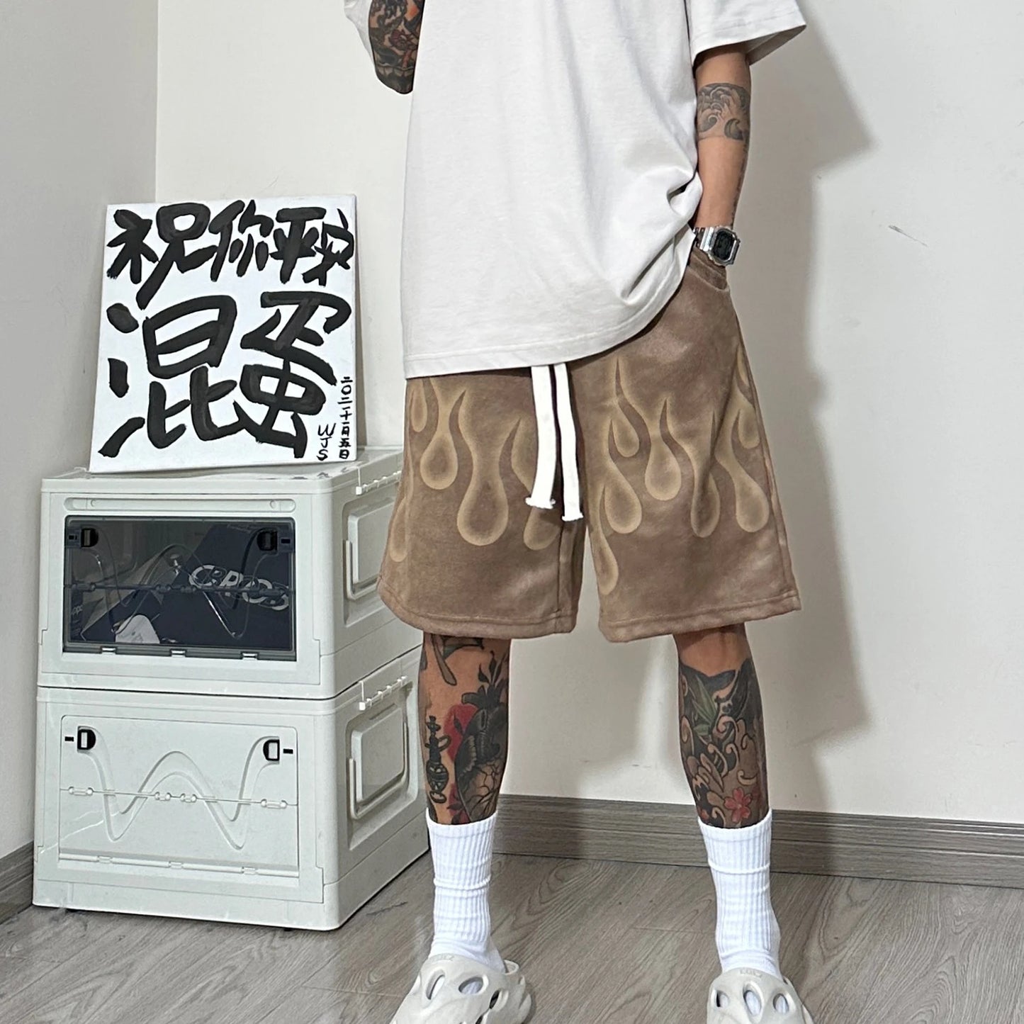 American Men's Sports Shorts Summer Hip Hop High Street Flame Graphic Shorts Fashionable Men's Clothing Loose Oversized Pants