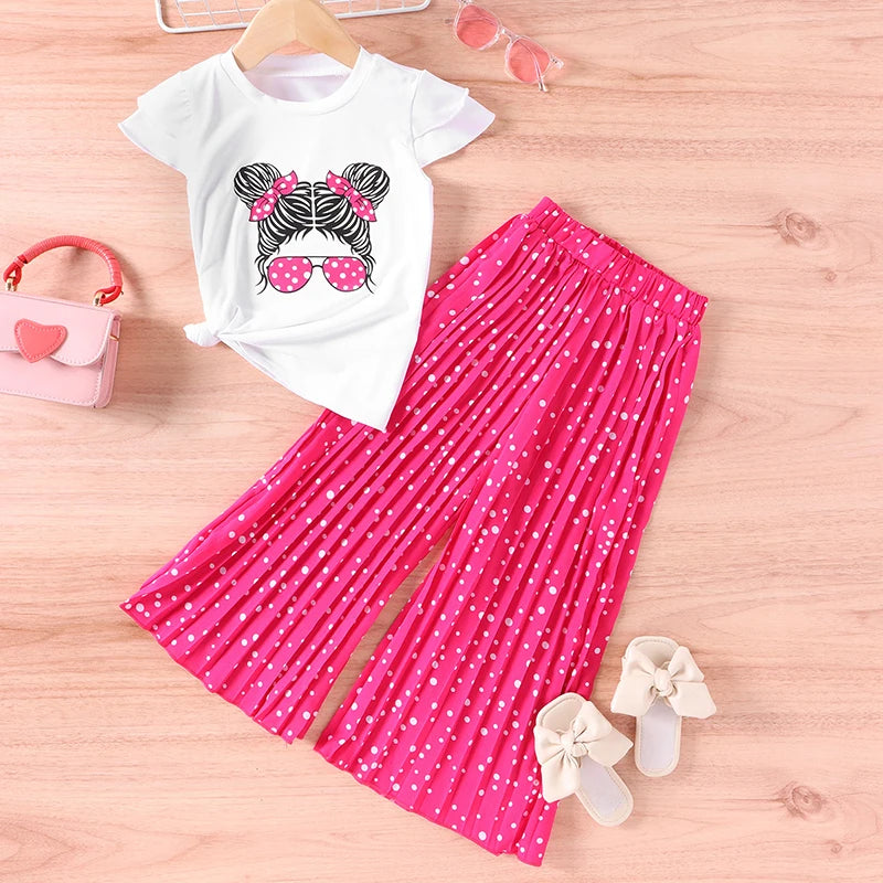 Summer Girls Clothing Sets New Cotton Fashion Short Sleeved+Wide Leg Pants Casual Two Piece Set Kids Clothes 2 3 4 5 6 7 Years