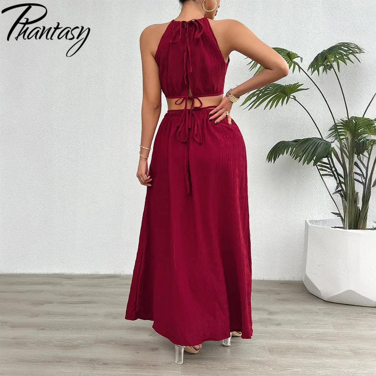 Phantasy Y2K Women Skirt Suit Red Sleeveless Tops Set Lace Up Tees Slit Skirt Casual Streetwear Summer Dress 2024 New Outfit