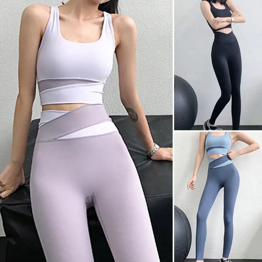 2 Pcs/Set Popular Lady Tracksuit  Tight Elastic Fitness Suit  Butt-lifted Tummy Control Yoga Top Pants Set