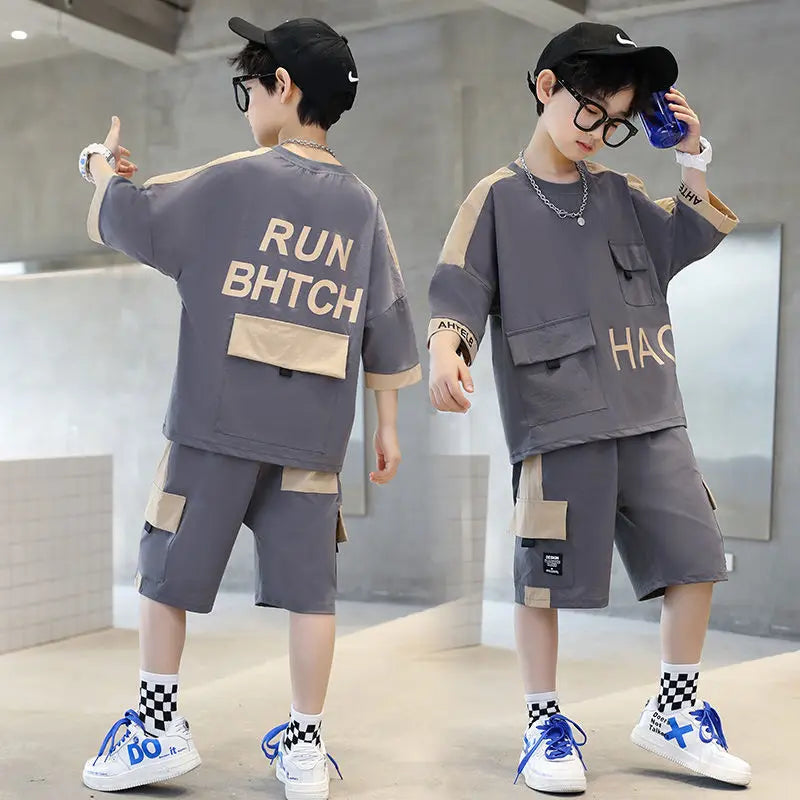 Summer Teenage Boy Short Sleeve Clothes Set Children Letter Print Top and Bottom 2 Pieces Suit Kid T-shirts Shorts Tracksuit