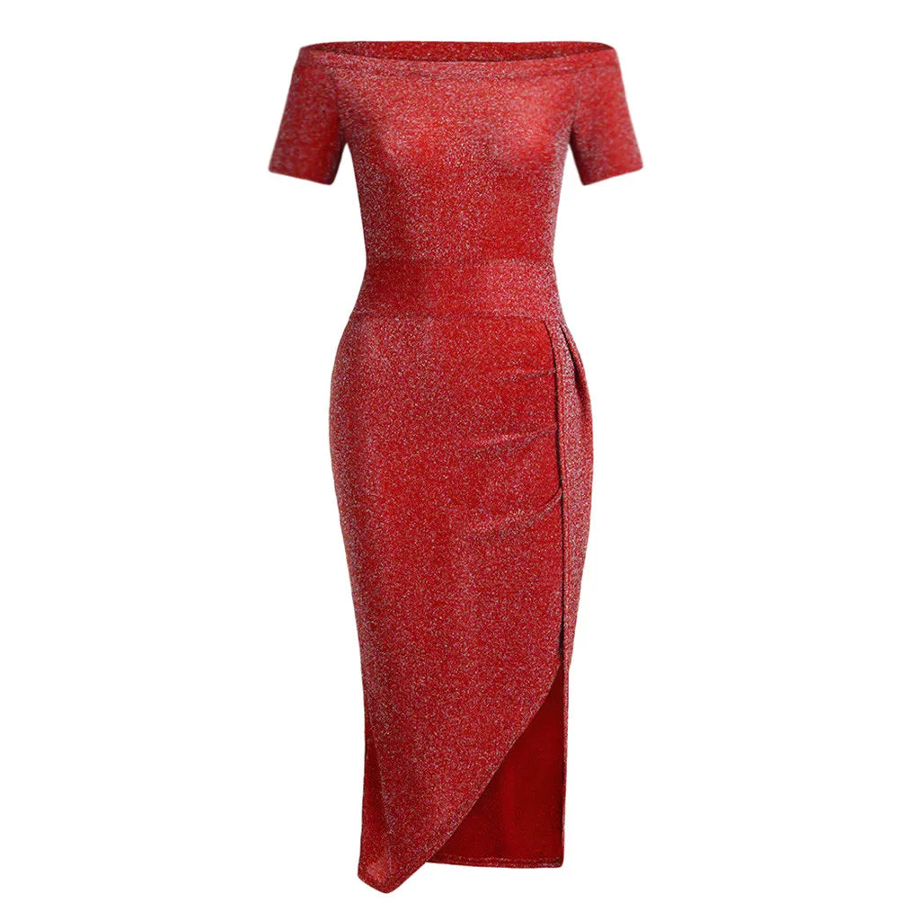 Women's Fashion Sexy Dress Strapless High Slit Tight Dress Half Sleeve Dress Elegant Dresses Ladies Party Evening Vestidos