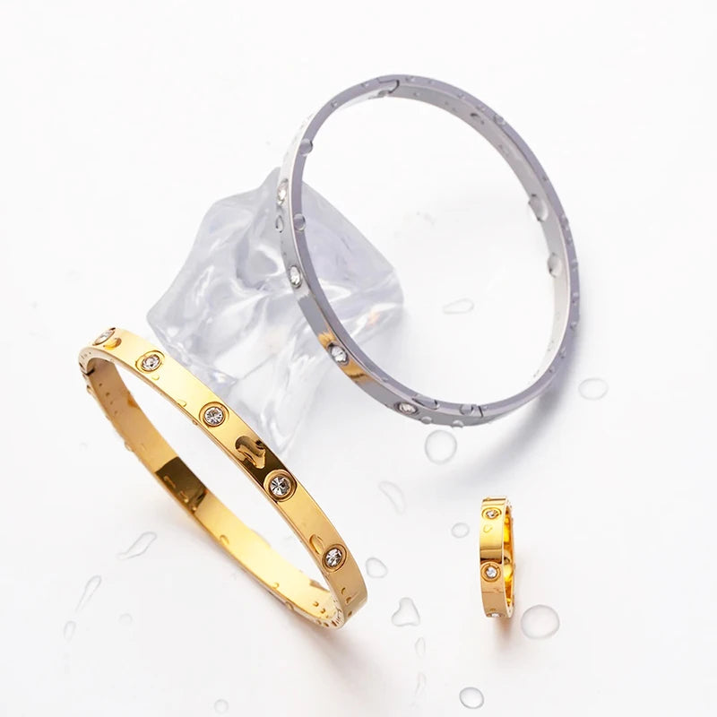 1Set Bangles Rings For Women Stainless Steel Bracklet Jewelry Stylish Cubic Zircon Gold Color Waterproof With Gift Box