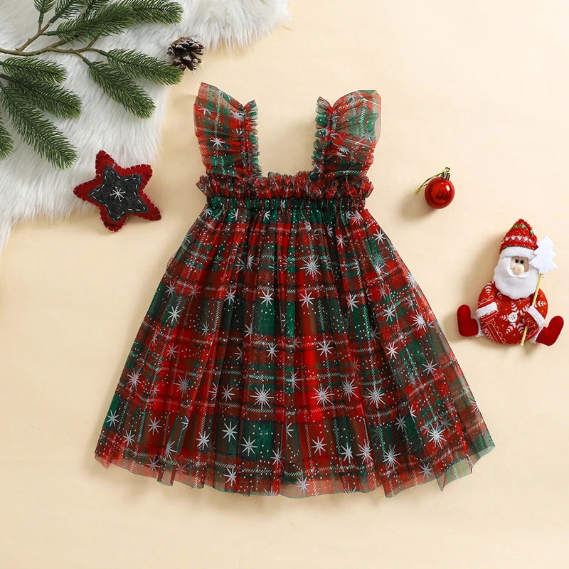 Pudcoco Infant Kids Baby Girl Tulle Dress Sleeveless Square Neck Candy Cane/Plaid Print Tutu Dress Toddler Princess Dress 6M-4T