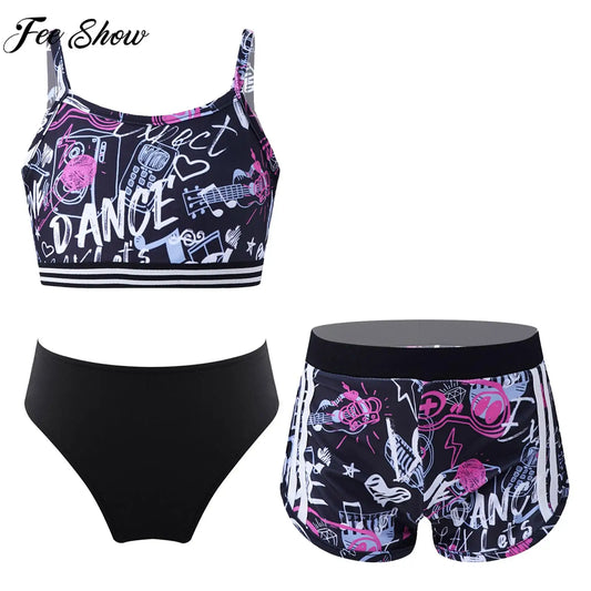 8-14Y Kids Girls Swimwear Set Print Crop Top with Shorts Briefs Tankini Swimsuit Beach Pool Water Park Bathing Suit Beachwear