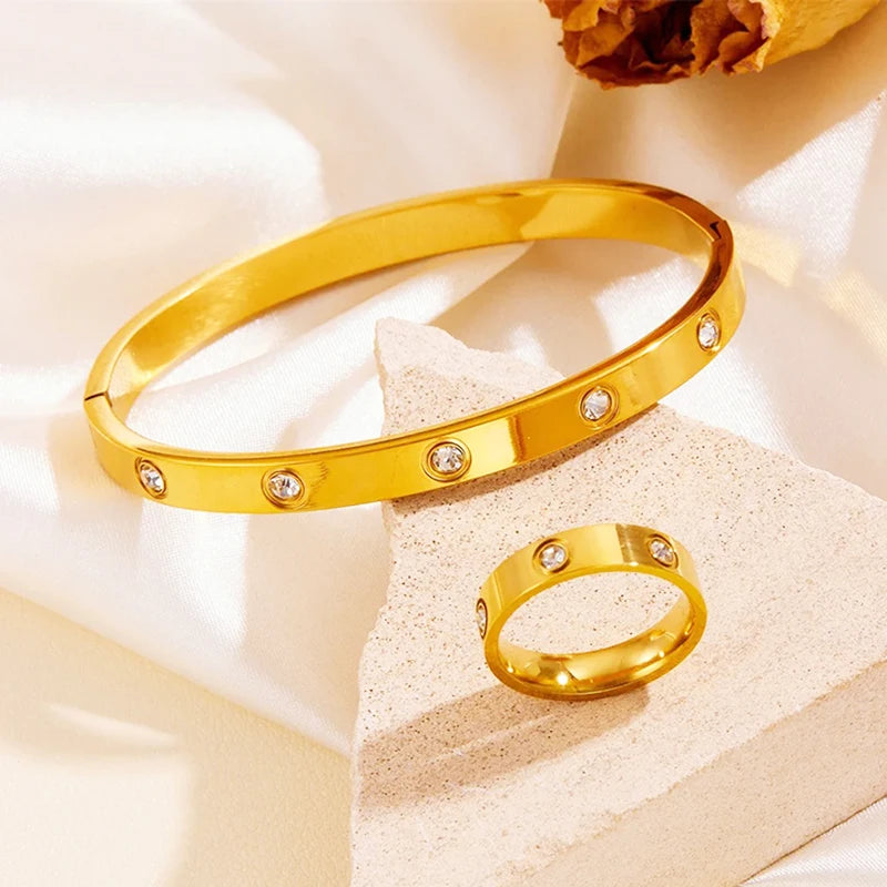 1Set Bangles Rings For Women Stainless Steel Bracklet Jewelry Stylish Cubic Zircon Gold Color Waterproof With Gift Box