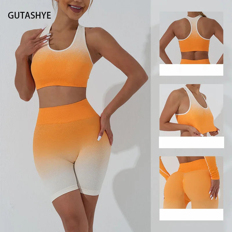 Seamless Women Yoga Set Workout Tracksuit Sportswear Gym Clothing Fitness Long Sleeve Crop Top High Waist Leggings Gradient Suit Totally invincible