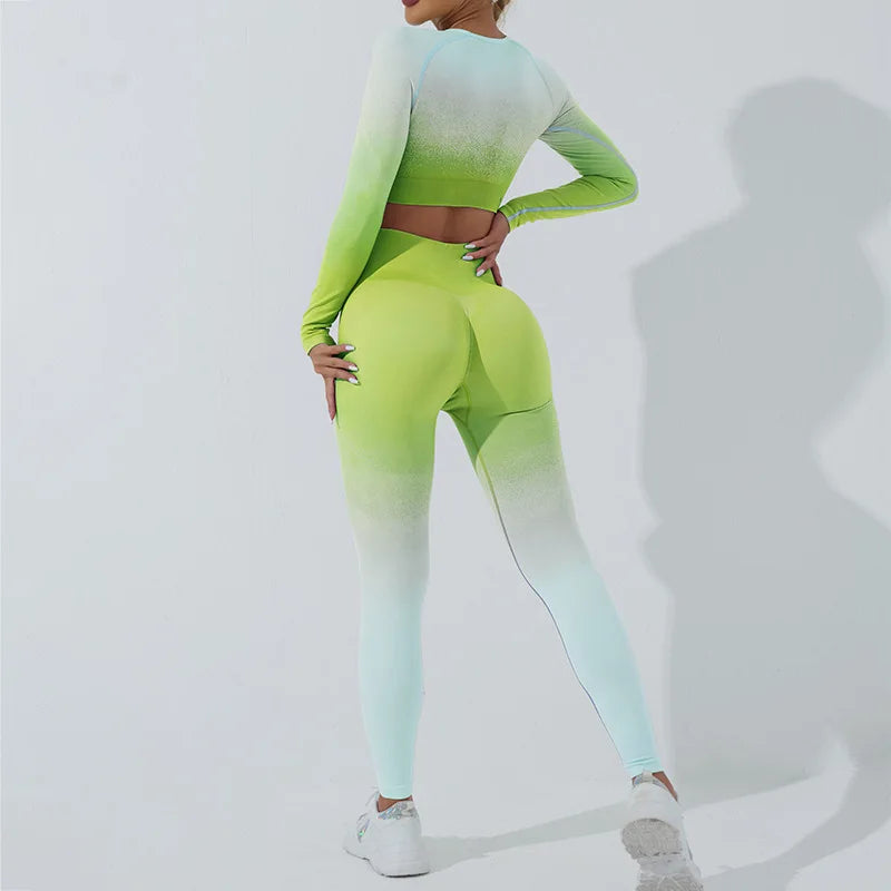 Seamless Women Yoga Set Workout Tracksuit Sportswear Gym Clothing Fitness Long Sleeve Crop Top High Waist Leggings Gradient Suit Totally invincible