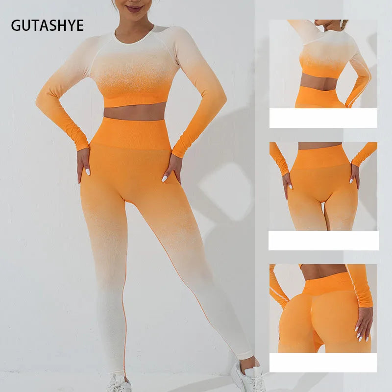 Seamless Women Yoga Set Workout Tracksuit Sportswear Gym Clothing Fitness Long Sleeve Crop Top High Waist Leggings Gradient Suit Totally invincible